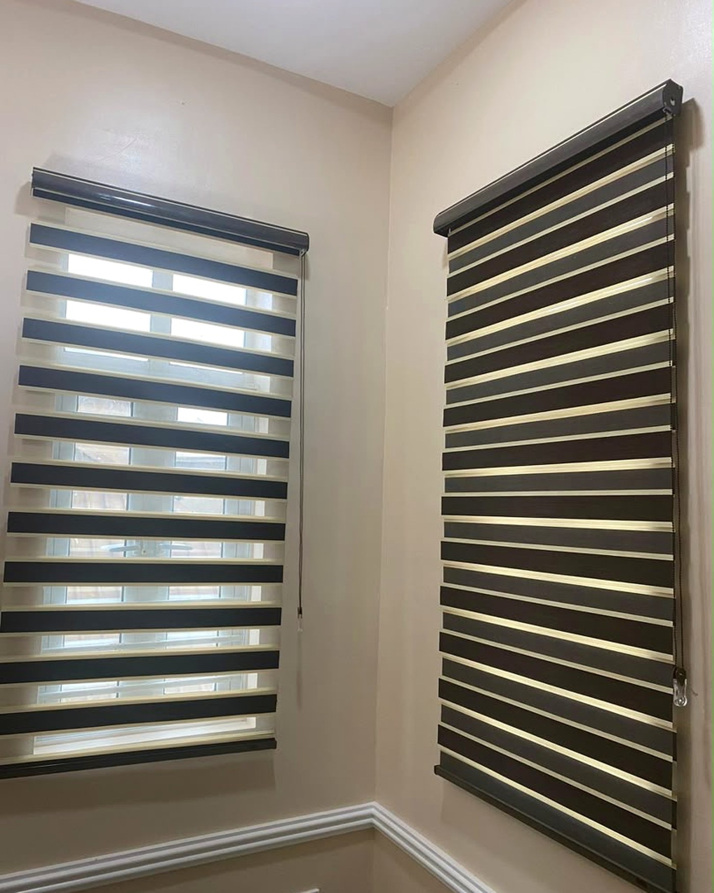 Walnut zebra blinds installed as a pair