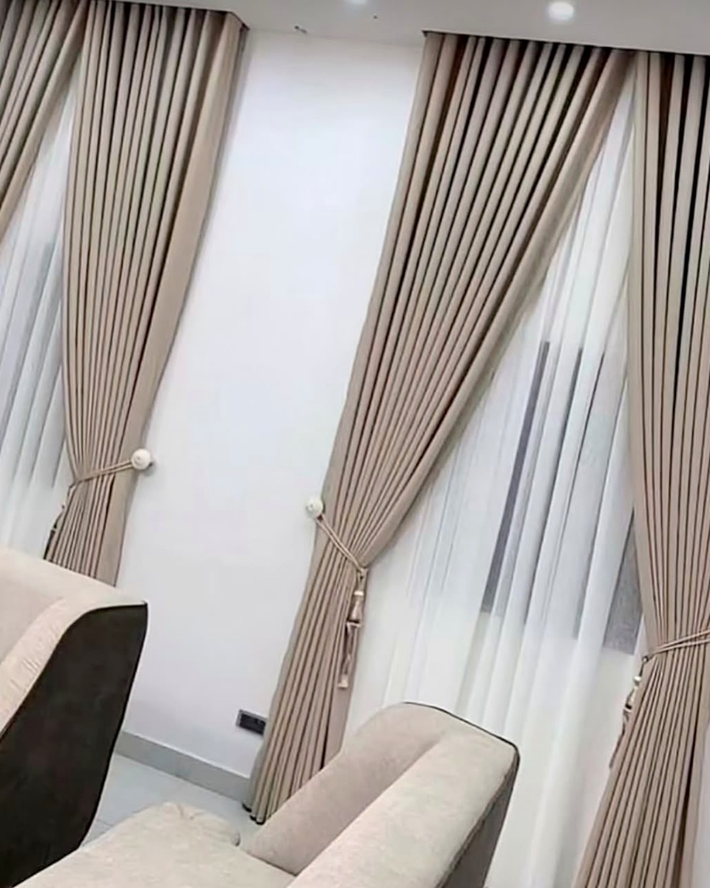 Beige pinch pleat and sheers