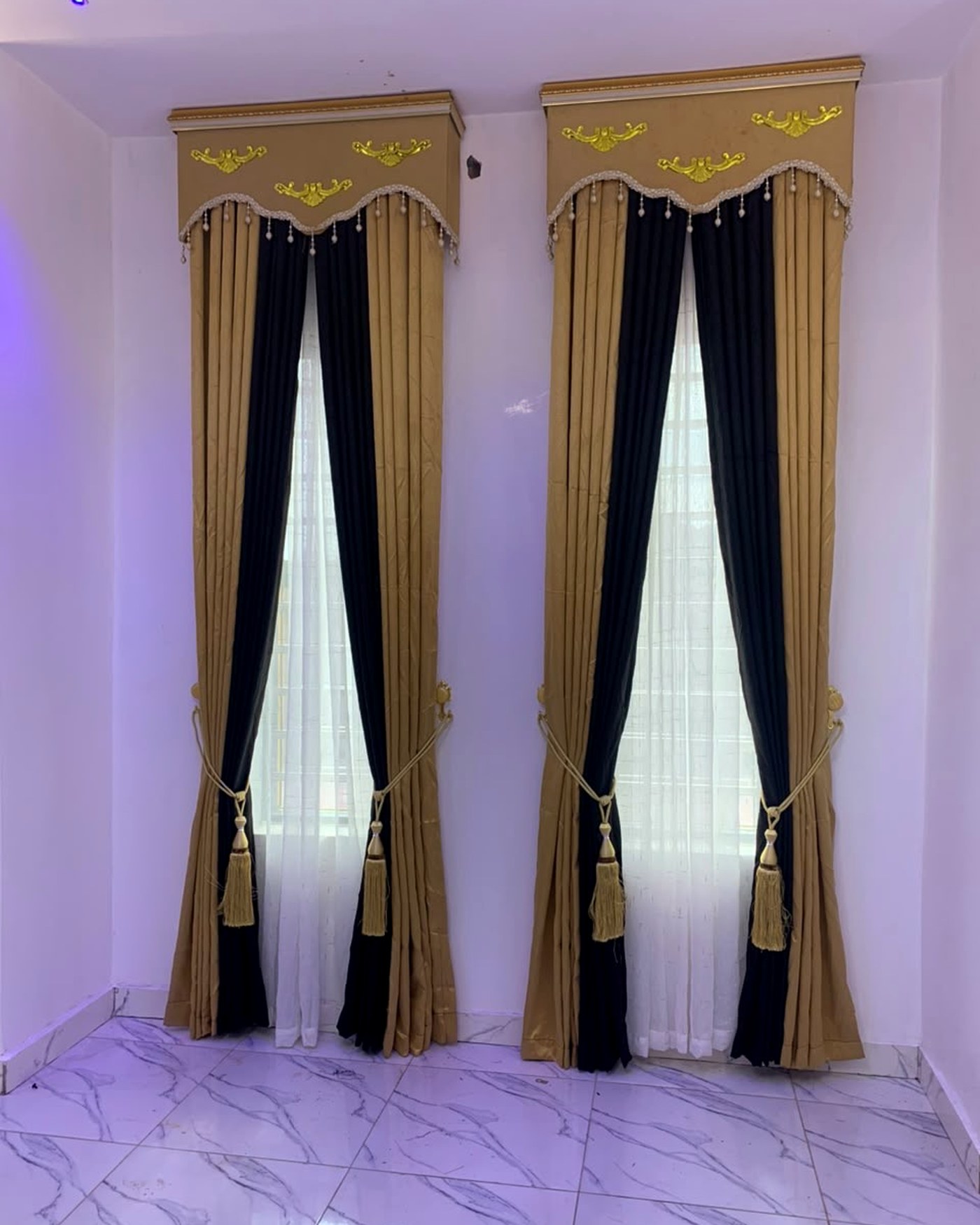 Navy and gold with decorative valance